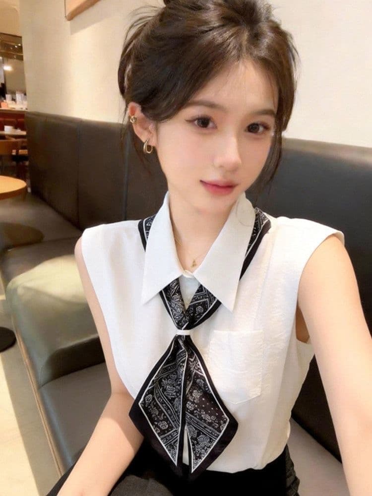 품격 스카프 넥타이 민소매 셔츠 조끼 여성 짧은 여름 외출용 디자인 센스 작은 대중 자이언트 잘 생긴 고유 한 맨위 이미지 2