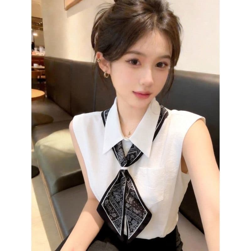 품격 스카프 넥타이 민소매 셔츠 조끼 여성 짧은 여름 외출용 디자인 센스 작은 대중 자이언트 잘 생긴 고유 한 맨위
