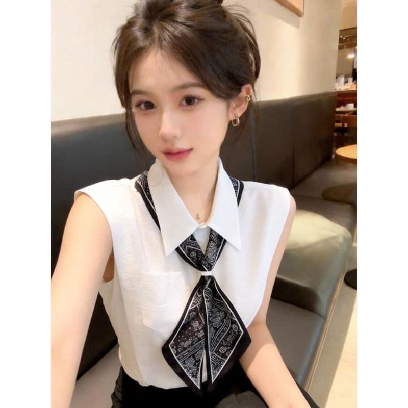 품격 스카프 넥타이 민소매 셔츠 조끼 여성 짧은 여름 외출용 디자인 센스 작은 대중 자이언트 잘 생긴 고유 한 맨위 이미지 4