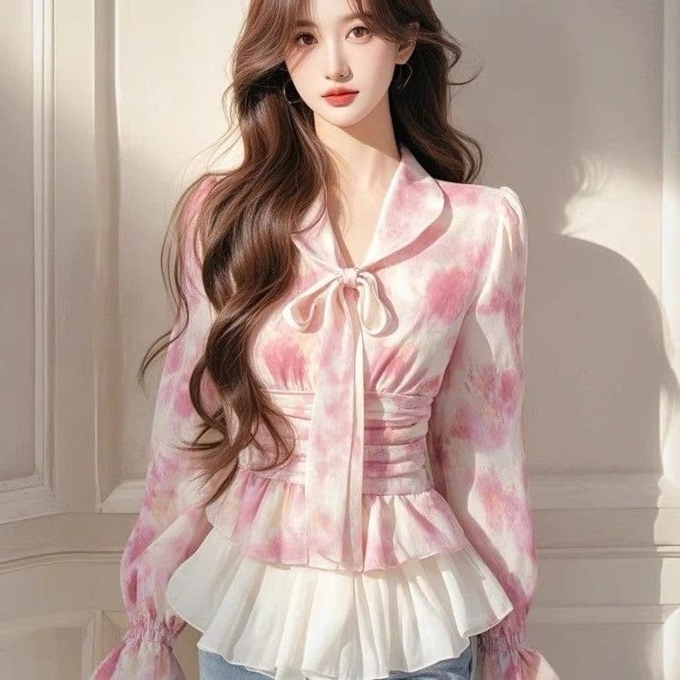 분말 색 후광 염색 패치워크 디자인 센스 셔츠 여성 의류 봄 긴팔 허리 수축 나비 매듭 고유 한 아름다운 작은 대중 맨위 이미지 2