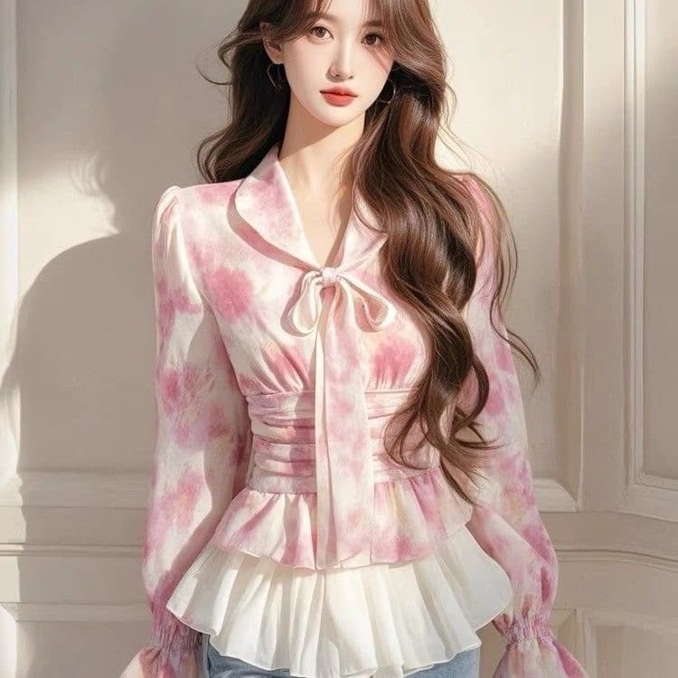 분말 색 후광 염색 패치워크 디자인 센스 셔츠 여성 의류 봄 긴팔 허리 수축 나비 매듭 고유 한 아름다운 작은 대중 맨위 이미지 4