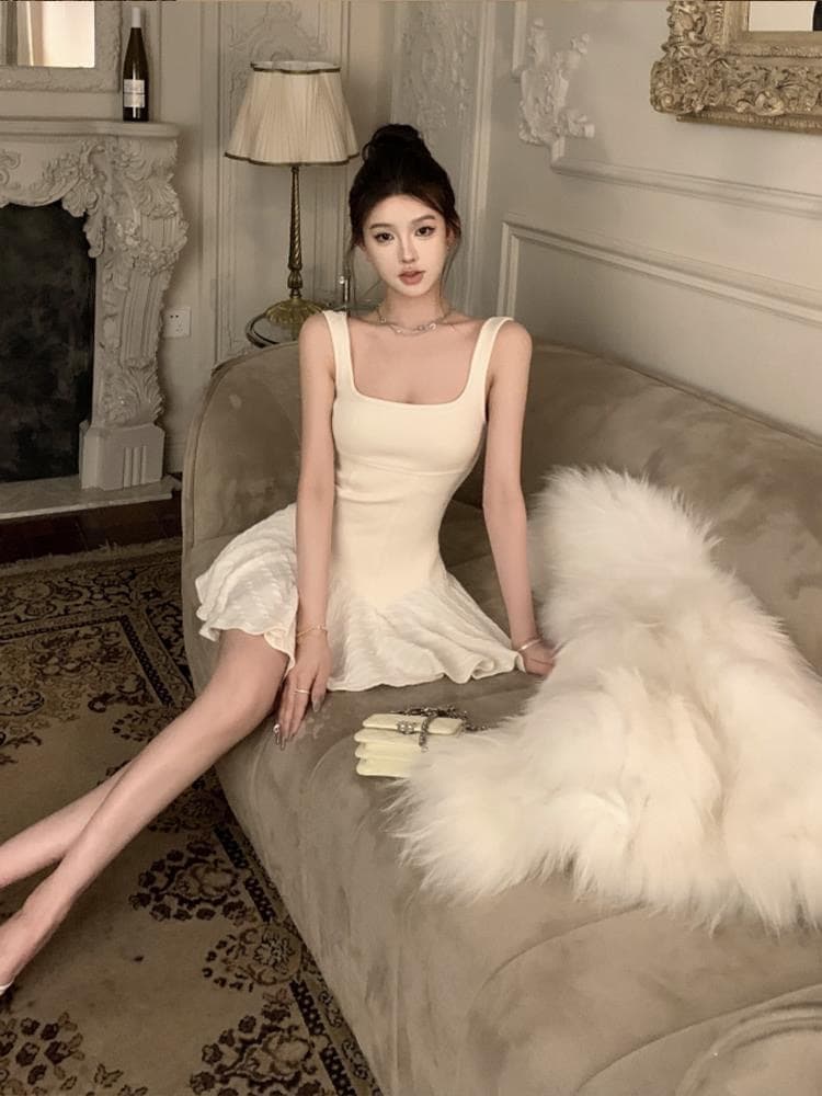 순수한 욕망 발레 바람 슬립 여성 드레스 봄 패치워크 화이트 치마 품격 허리 수축 생선뼈 한 마디 퍼프 미니 스커트