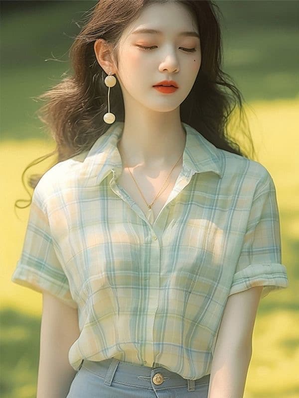 품격 레트로 녹색 체크무늬 여성 셔츠 여름 새로운 올해 인기 아름다운 외국 가스 고유 한 Chic 맨위 서비스
