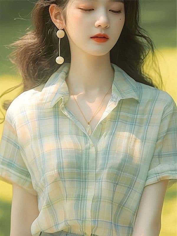 품격 레트로 녹색 체크무늬 여성 셔츠 여름 새로운 올해 인기 아름다운 외국 가스 고유 한 Chic 맨위 서비스 이미지 4