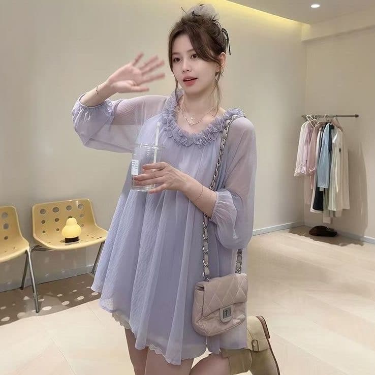 프랑스식 부드러운 바람 레이스 라운드 넥 긴팔 여성 셔츠 봄 여름 새로운 디자인 센스 느긋한 루즈핏 아름다운 맨위 이미지 3