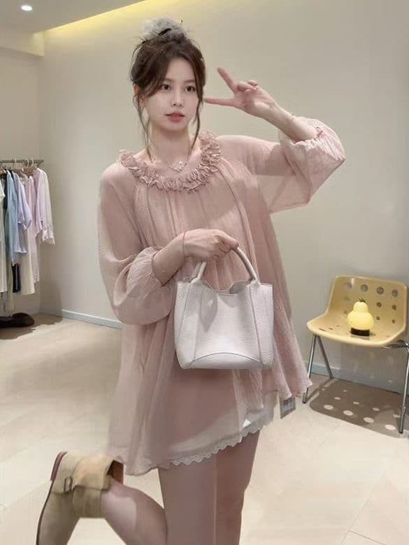 프랑스식 부드러운 바람 레이스 라운드 넥 긴팔 여성 셔츠 봄 여름 새로운 디자인 센스 느긋한 루즈핏 아름다운 맨위 이미지 4