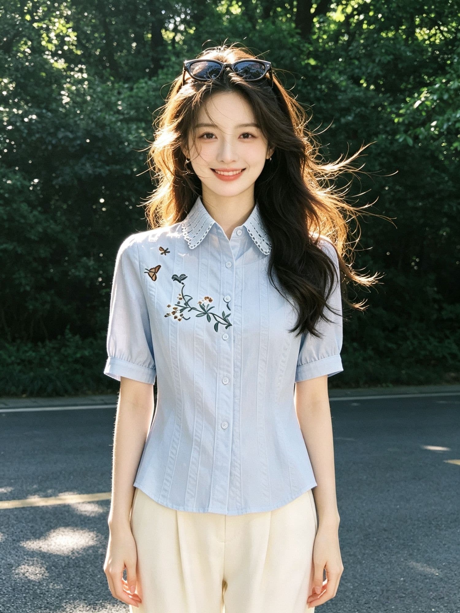 여름 새로운 프랑스식 품격 순면 자카드 반소매 여성 셔츠 슬림해 보이는 다용도 작은 대중 고급 디자인 센스 맨위 이미지 2