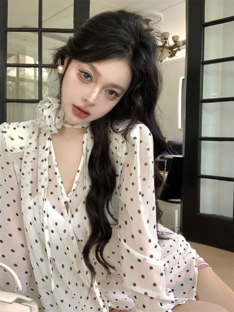 프랑스식 작은 대중 Chic 도트 무늬 V 넥 셔츠 루즈핏 경기 목 꽃 진주 버클 Chic 마이크로 ~을 통해 긴팔 셔츠 여성 의류 이미지 3