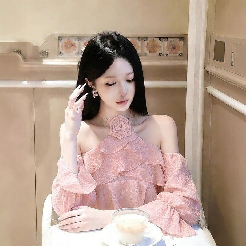 이른 봄 쉬폰 오프숄더 나팔 소매 긴팔 맨위 여성 디자인 센스 외국 가스 핫걸 행침 목 프릴 쇼트 스타일 셔츠 이미지 4