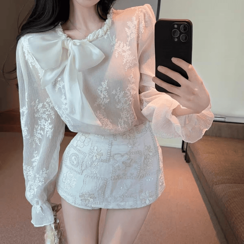 작은 샤넬 스타일 나비 매듭 거품 소매 여성 셔츠 이른 봄 궁정 자수 맨위 기본 셔츠 인사이드 가져 가라. 고급 센스 셔츠 이미지 5