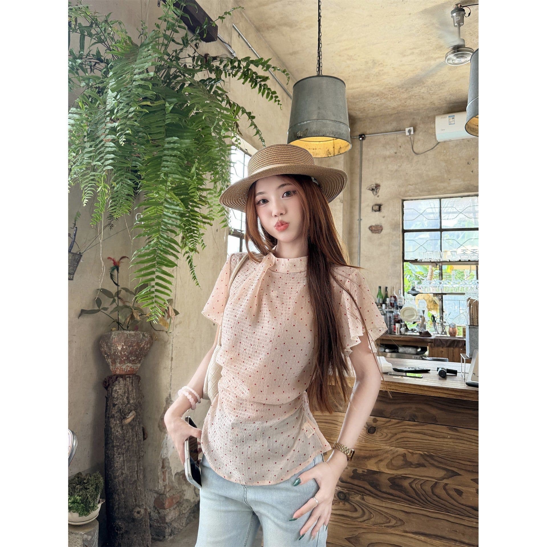 부드러운 순수한 욕망 바람 도트 무늬 허리 수축 레이스업 반팔 티셔츠 소녀 여름 패션 외국 가스 작은 키 아름다운 맨위 이미지 4