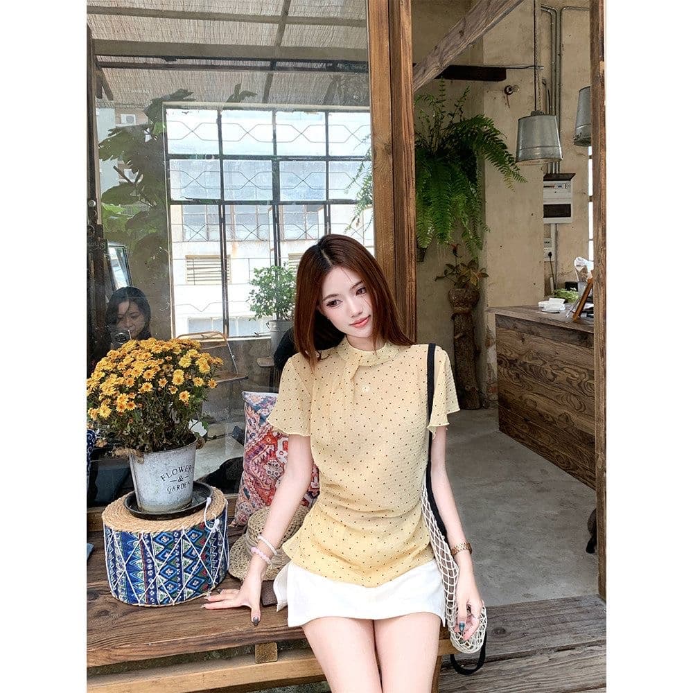 부드러운 순수한 욕망 바람 도트 무늬 허리 수축 레이스업 반팔 티셔츠 소녀 여름 패션 외국 가스 작은 키 아름다운 맨위 이미지 2