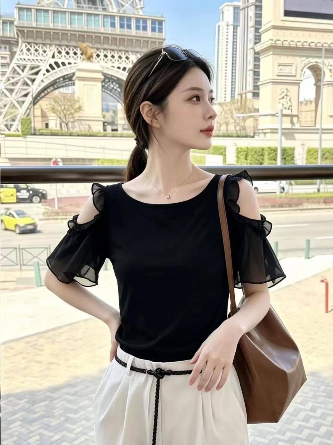 고급 센스 Chic 연령 감소 오프숄더 반팔 티셔츠 여성 여름 슈퍼 화재 외국 가스 아름다운 다용도 우아함 아름다운 맨위 이미지 3
