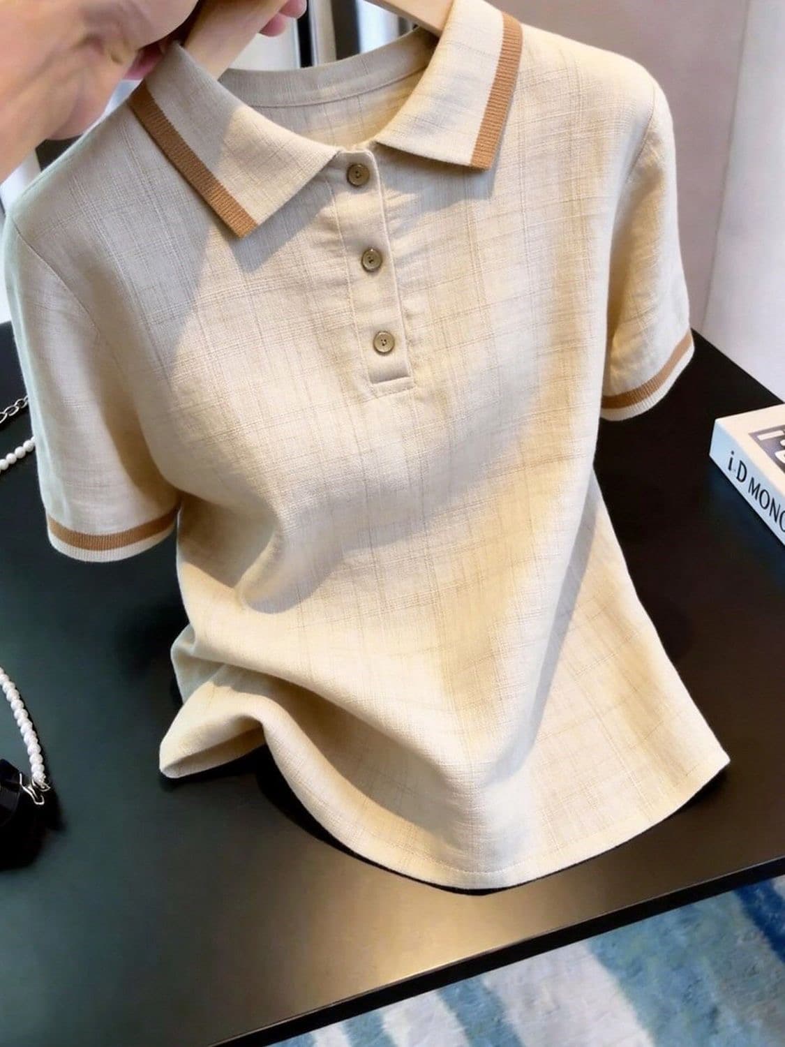 2026 여름 새로운 오래된 돈 바람 배색 POLO 칼라 마 무늬 반팔 니트 스웨터 여성 루즈핏 슬림해 보이는 맨위 여성