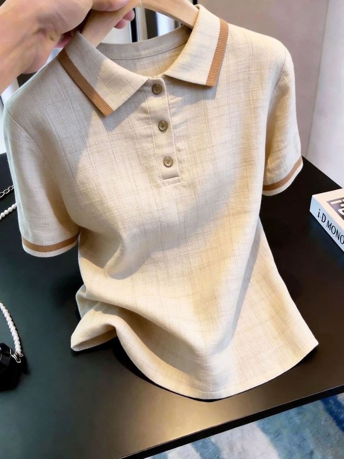 2026 여름 새로운 오래된 돈 바람 배색 POLO 칼라 마 무늬 반팔 니트 스웨터 여성 루즈핏 슬림해 보이는 맨위 여성 이미지 2
