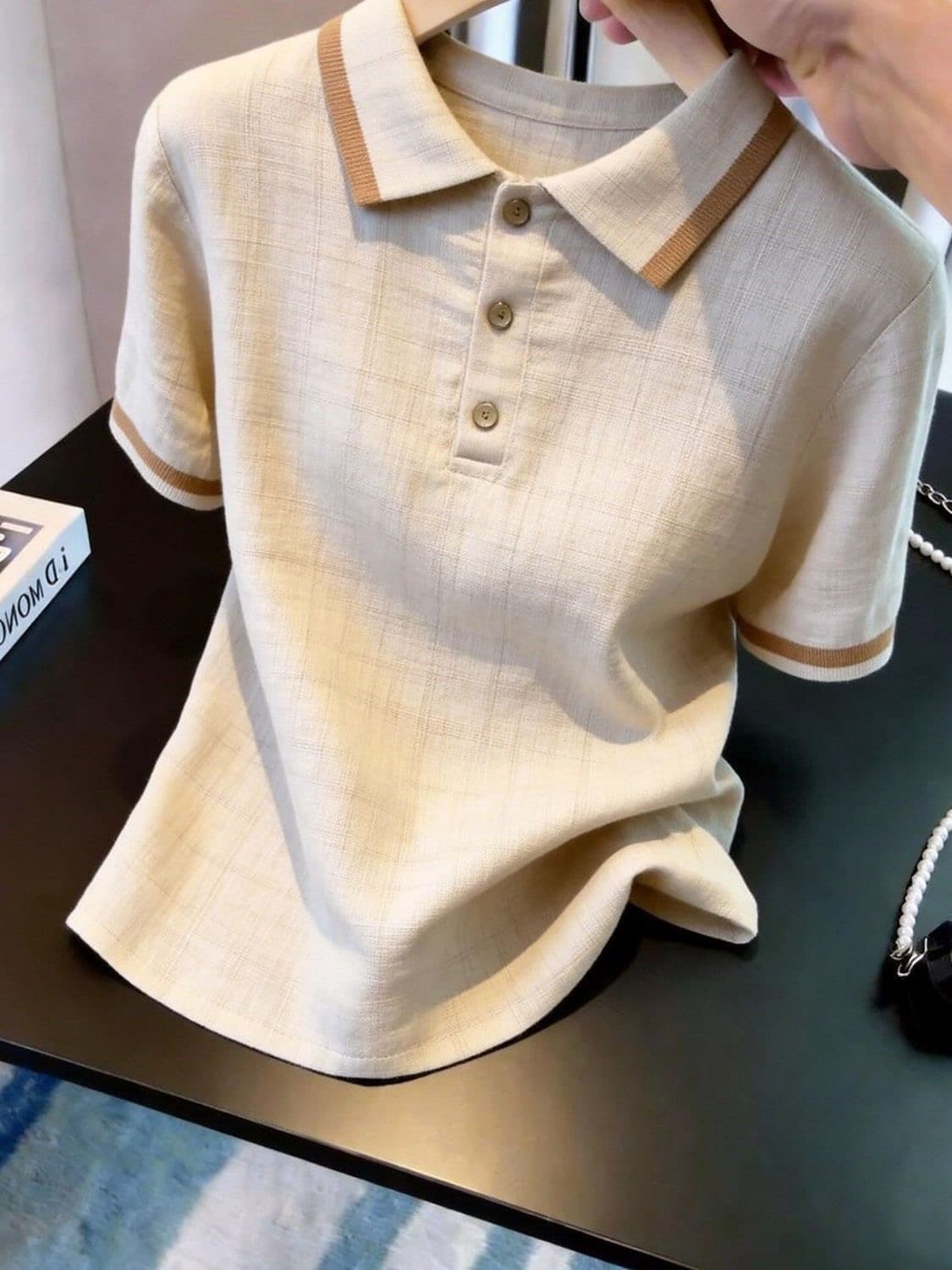 2026 여름 새로운 오래된 돈 바람 배색 POLO 칼라 마 무늬 반팔 니트 스웨터 여성 루즈핏 슬림해 보이는 맨위 여성 이미지 4