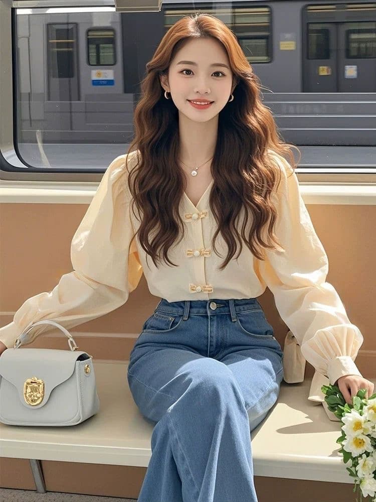 새로운 중식 살구 색상 단추 긴팔 셔츠 부드러운 품격 고급 센스 프랑스식 일상 출퇴근 거품 소매 맨위 여성