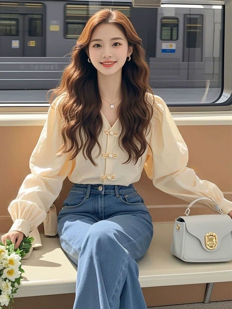 새로운 중식 살구 색상 단추 긴팔 셔츠 부드러운 품격 고급 센스 프랑스식 일상 출퇴근 거품 소매 맨위 여성 이미지 2
