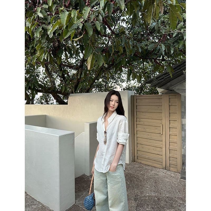 품격 화이트 자연 산소 오른쪽 셔츠 느슨함 수공 뒤집다 Pleat 볼륨 측면 소매 루즈핏 다용도 맨위 셔츠 이미지 4