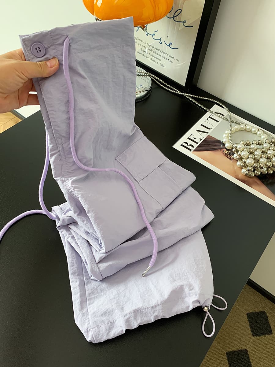 실사 보라색 낙하산 워크웨어 팬츠 아메리칸 펌프 로프 넓은 다리 조거 기능 바지 이미지 4