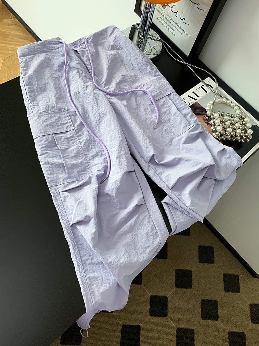 실사 보라색 낙하산 워크웨어 팬츠 아메리칸 펌프 로프 넓은 다리 조거 기능 바지