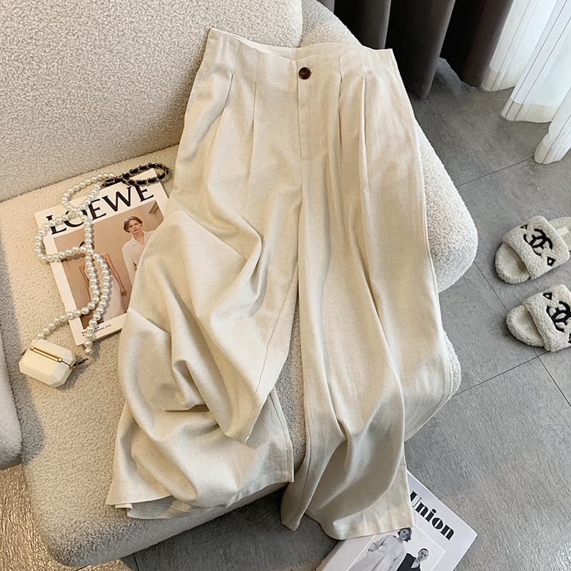 실사 카키 색 아마 와이드 레깅스 바지 하이웨이스트 느슨함 센스 스트레이트 캐주얼 긴 바지 이미지 4