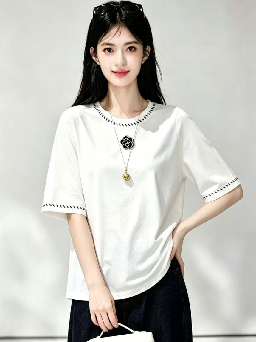 실사 화이트 꽃 자수 반팔 티셔츠 디자인 센스 여성 작은 대중 여름 새로운 미니멀리즘 다용도 동정 맨위 이미지 2
