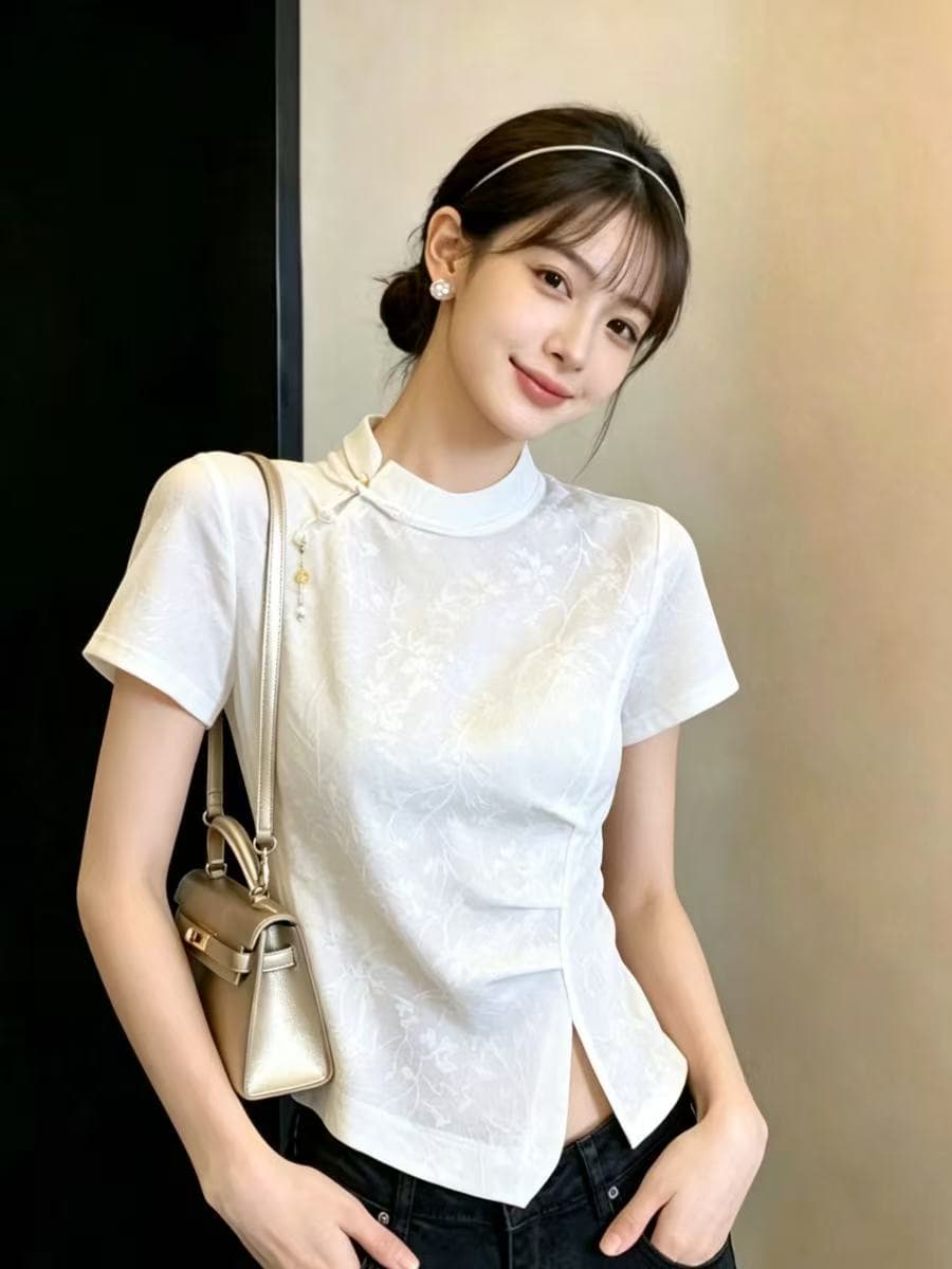 실사 새로운 중식 얇고 가벼운 자카드 비스듬한 襟 단추 스탠드 칼라 트임 불규칙 반팔 여성 셔츠 여름 상세 이미지 1