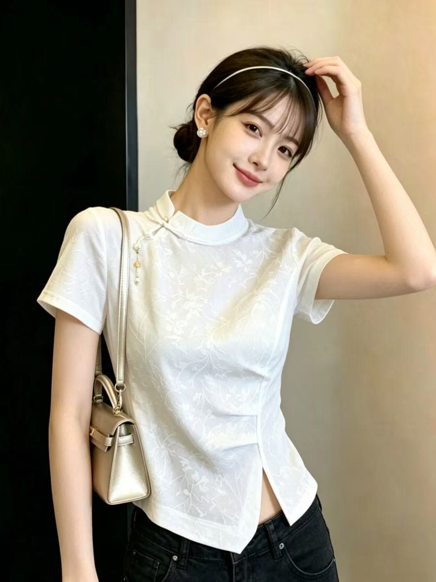 실사 새로운 중식 얇고 가벼운 자카드 비스듬한 襟 단추 스탠드 칼라 트임 불규칙 반팔 여성 셔츠 여름 상세 이미지 3