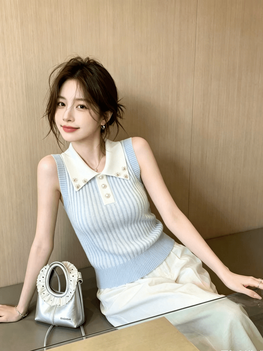 배색 폴로 칼라 꽈배기 니트 조끼 여성 2026 여름 새로운 쇼트 스타일 진주 버클 민소매 맨위 한 부서 착용 가져 가라. 이미지 4