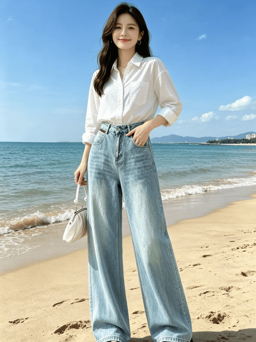 실사 아메리칸 레트로 워싱 배색 하이 웨이스트 청바지 여성 2026 스트레이트 바닥 청소 롱 바지 이미지 4