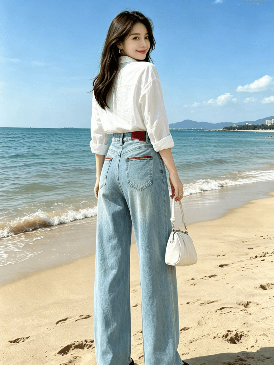 실사 아메리칸 레트로 워싱 배색 하이 웨이스트 청바지 여성 2026 스트레이트 바닥 청소 롱 바지 상세 이미지 6