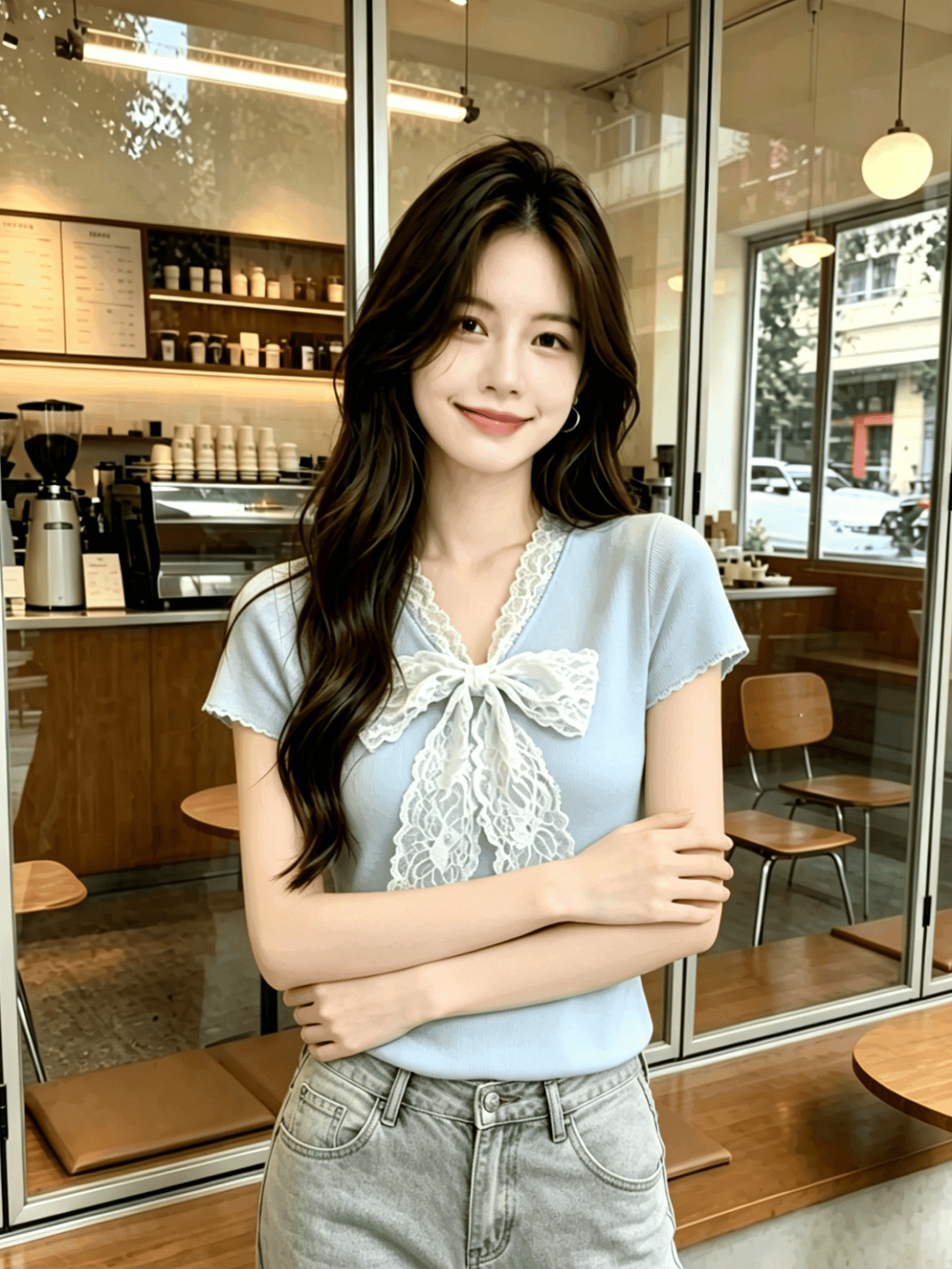 도파민 레이스 나비 매듭 V넥 니트 맨위 여성 여름 작은 키 달콤한 매운맛 허리 수축 슬림해 보이는 반팔 티셔츠 얇은