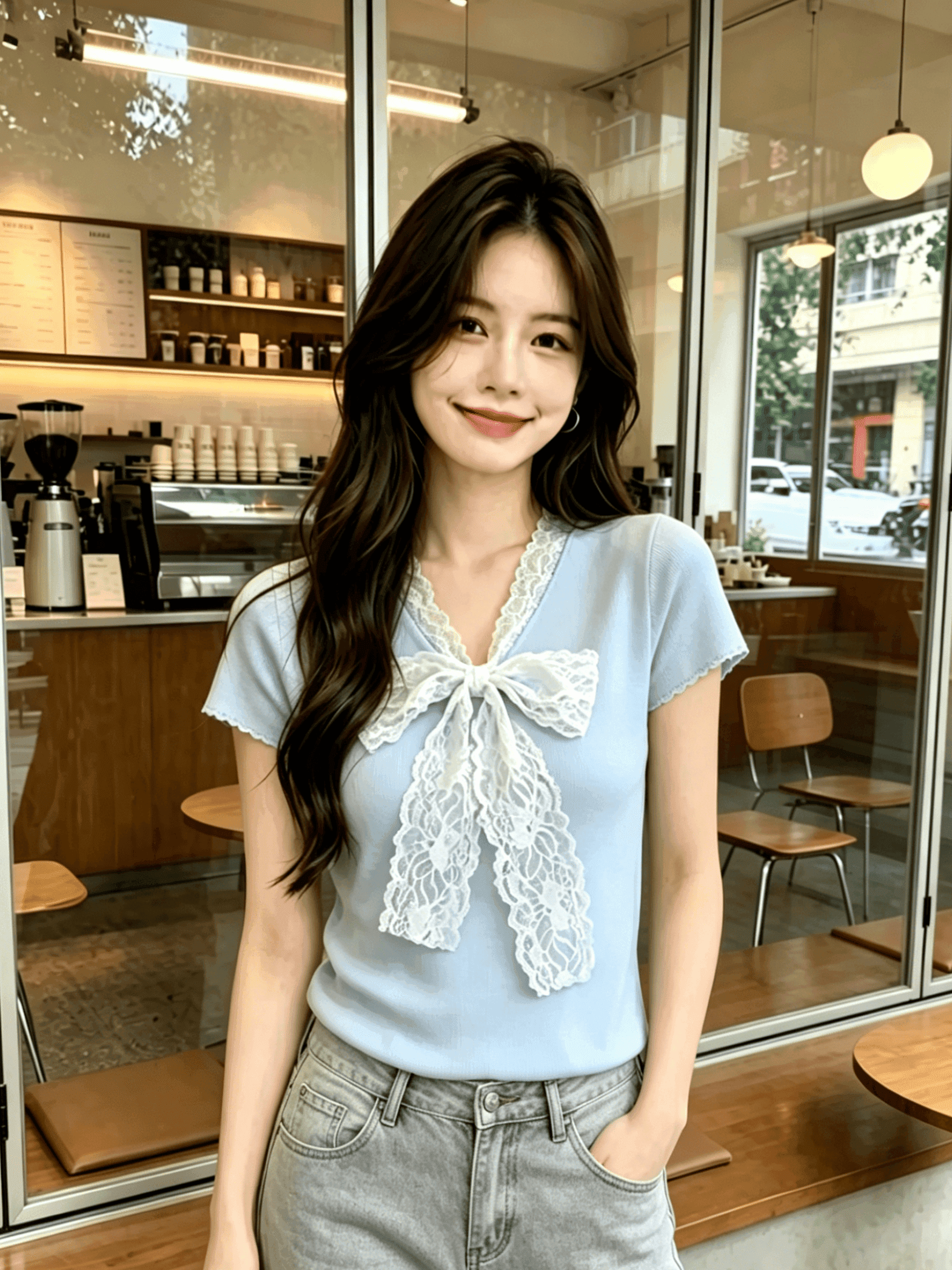 도파민 레이스 나비 매듭 V넥 니트 맨위 여성 여름 작은 키 달콤한 매운맛 허리 수축 슬림해 보이는 반팔 티셔츠 얇은 이미지 2