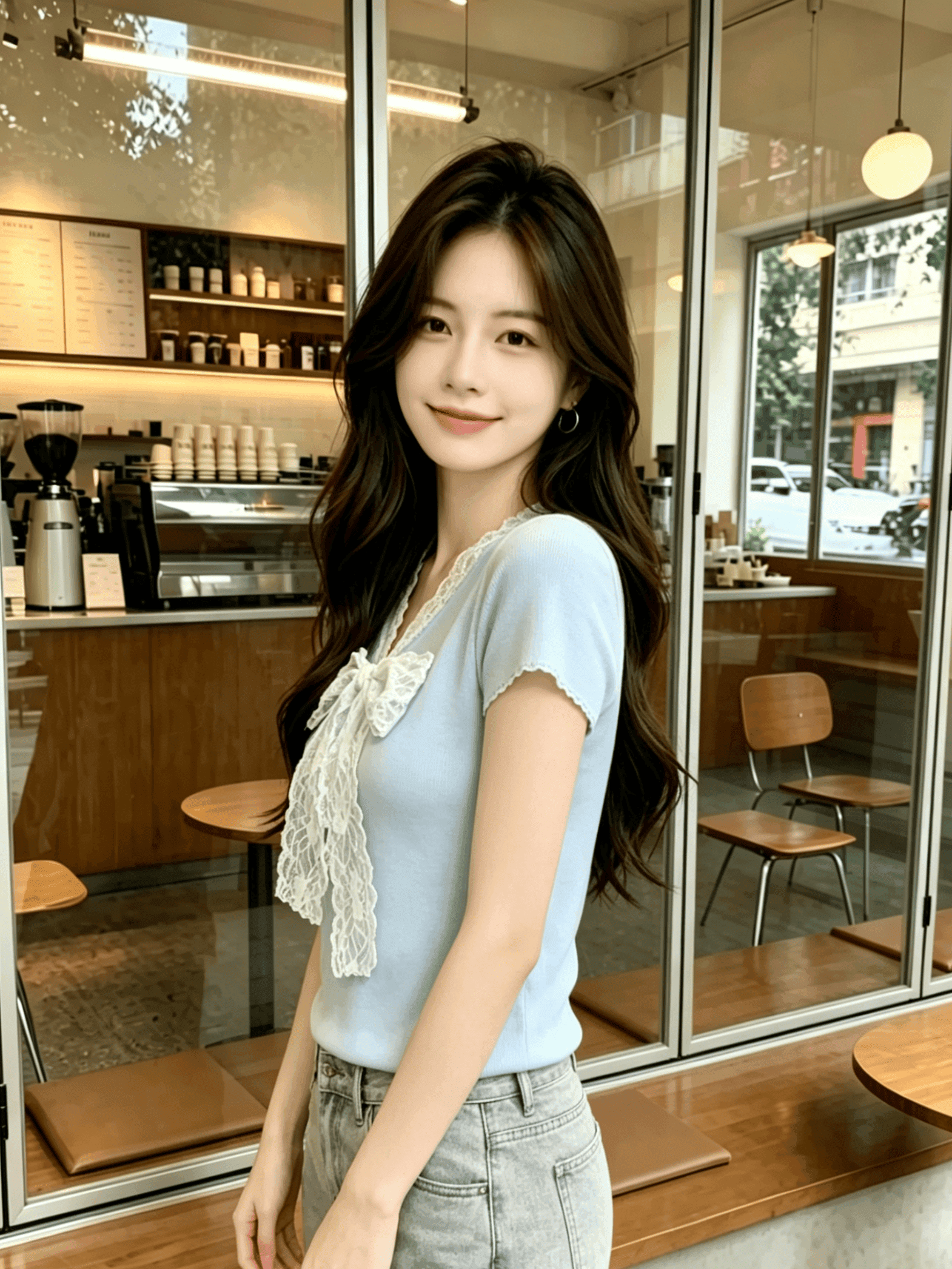 도파민 레이스 나비 매듭 V넥 니트 맨위 여성 여름 작은 키 달콤한 매운맛 허리 수축 슬림해 보이는 반팔 티셔츠 얇은 상세 이미지 3