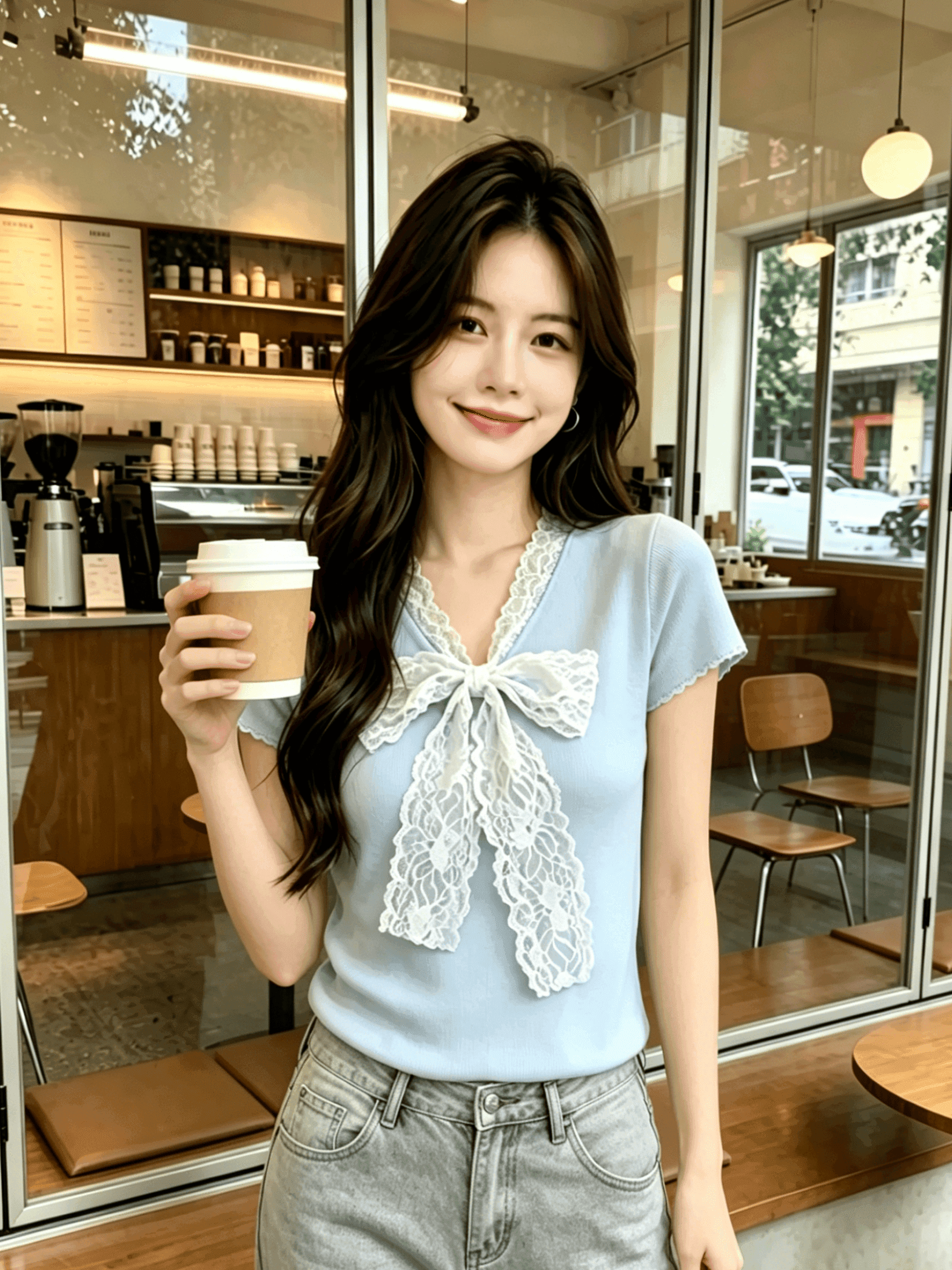도파민 레이스 나비 매듭 V넥 니트 맨위 여성 여름 작은 키 달콤한 매운맛 허리 수축 슬림해 보이는 반팔 티셔츠 얇은 상세 이미지 4