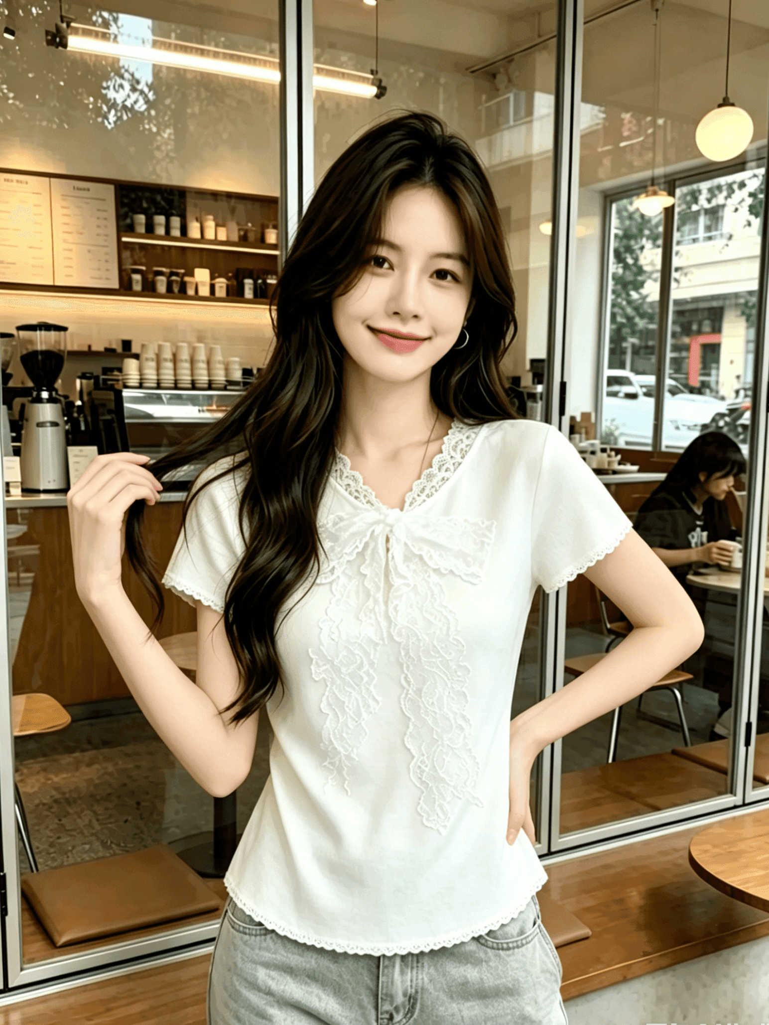 도파민 레이스 나비 매듭 V넥 니트 맨위 여성 여름 작은 키 달콤한 매운맛 허리 수축 슬림해 보이는 반팔 티셔츠 얇은 상세 이미지 10