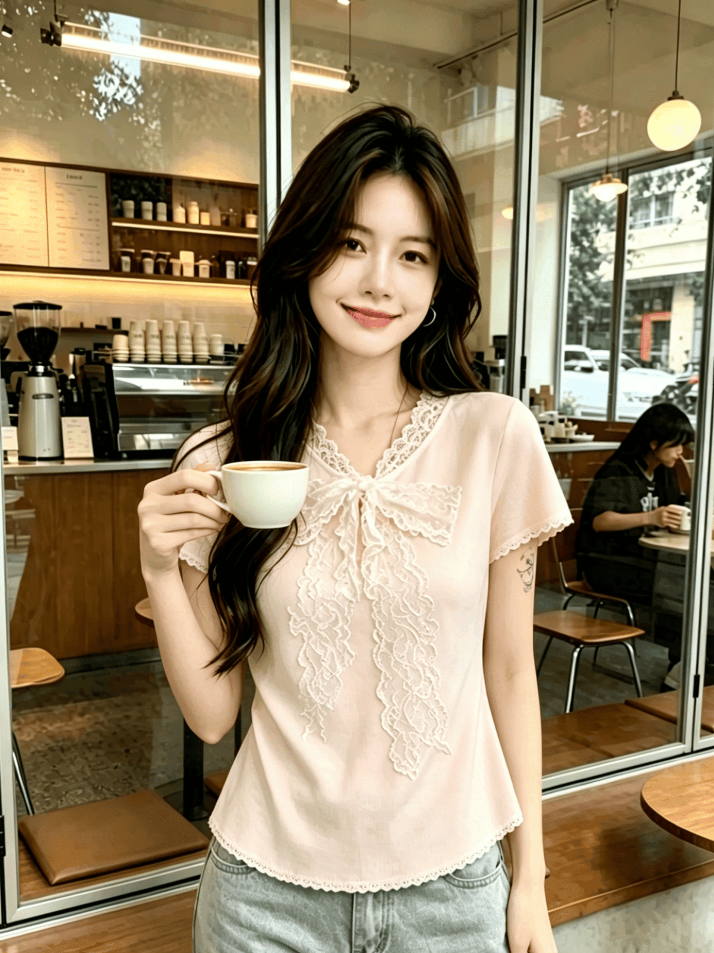 도파민 레이스 나비 매듭 V넥 니트 맨위 여성 여름 작은 키 달콤한 매운맛 허리 수축 슬림해 보이는 반팔 티셔츠 얇은 상세 이미지 13