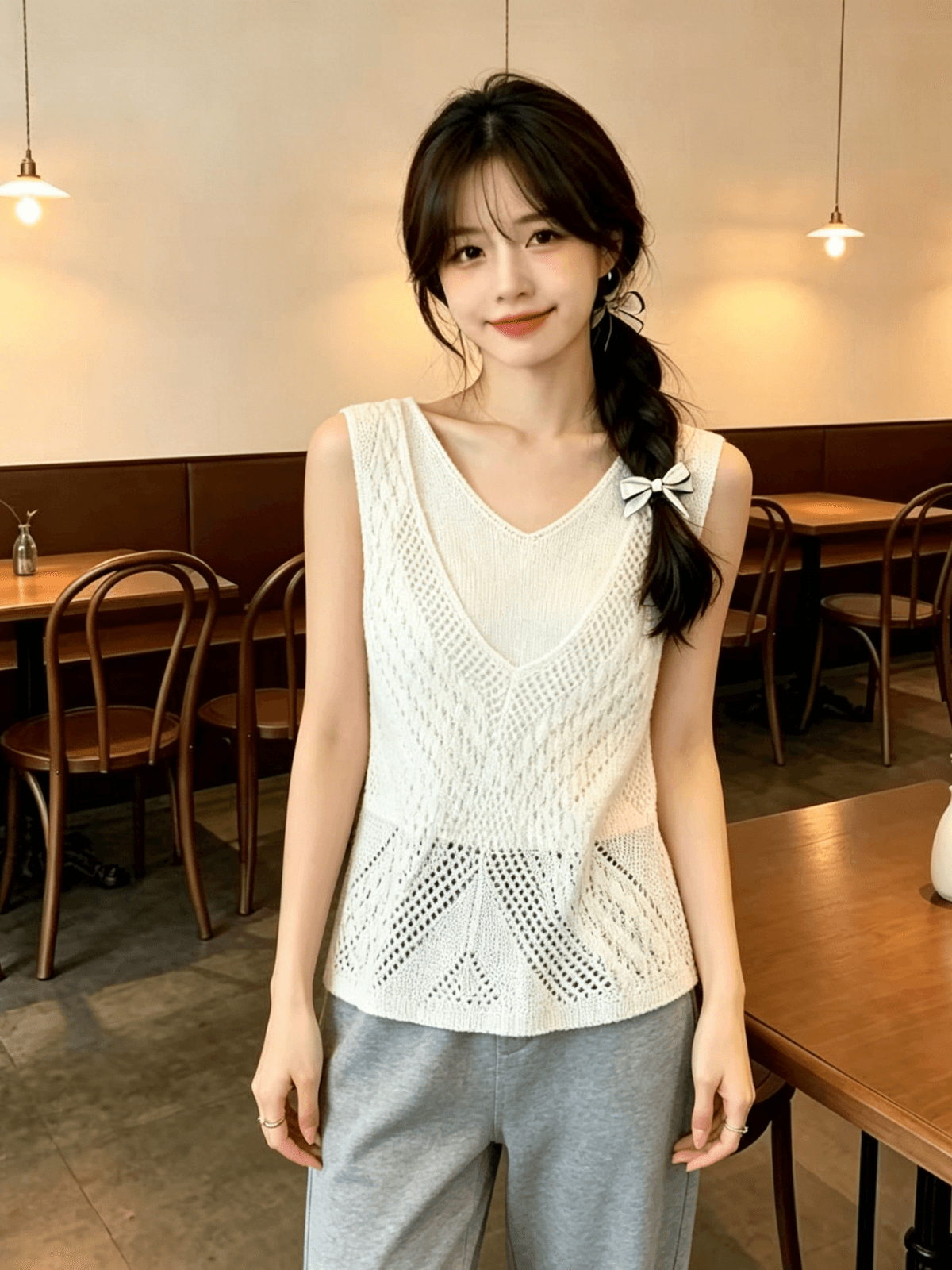 프랑스식 캐주얼 V넥 홀로우 아웃 니트 민소매 티셔츠 여성 셔츠 2026 여름 새로운 작은 청신 몸매 가꾸기 조끼 여성