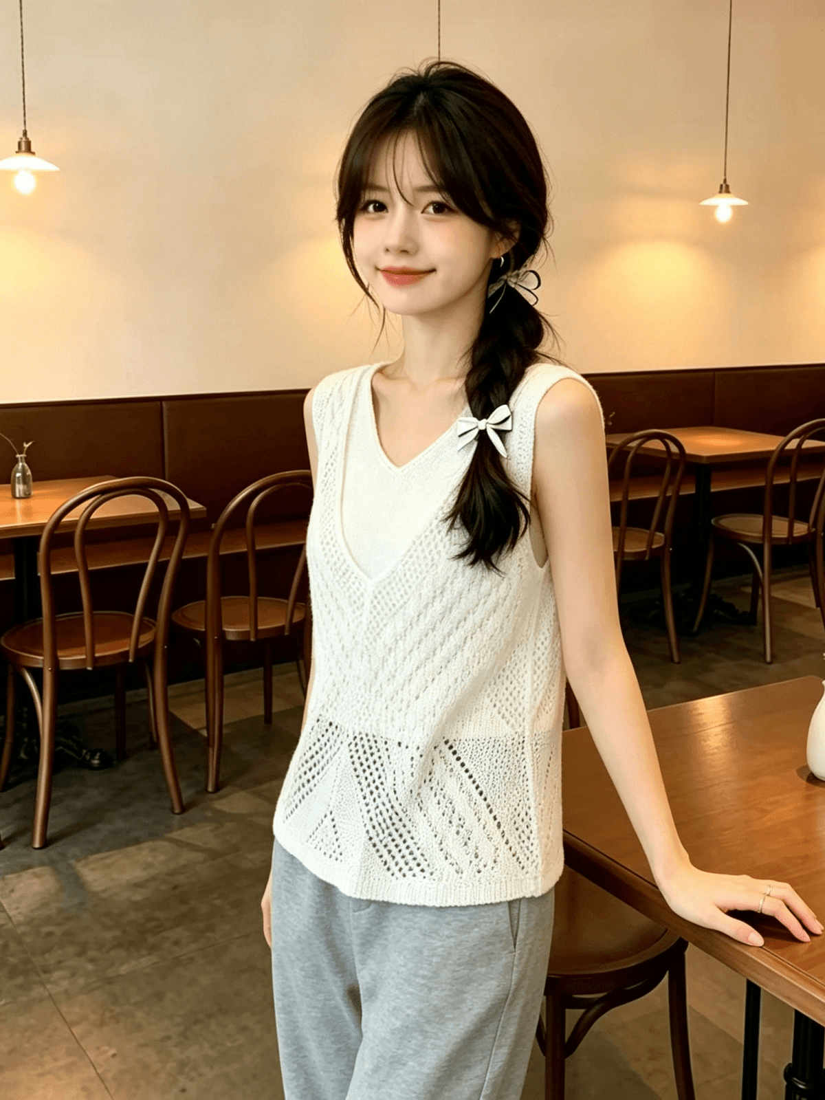 프랑스식 캐주얼 V넥 홀로우 아웃 니트 민소매 티셔츠 여성 셔츠 2026 여름 새로운 작은 청신 몸매 가꾸기 조끼 여성 상세 이미지 2