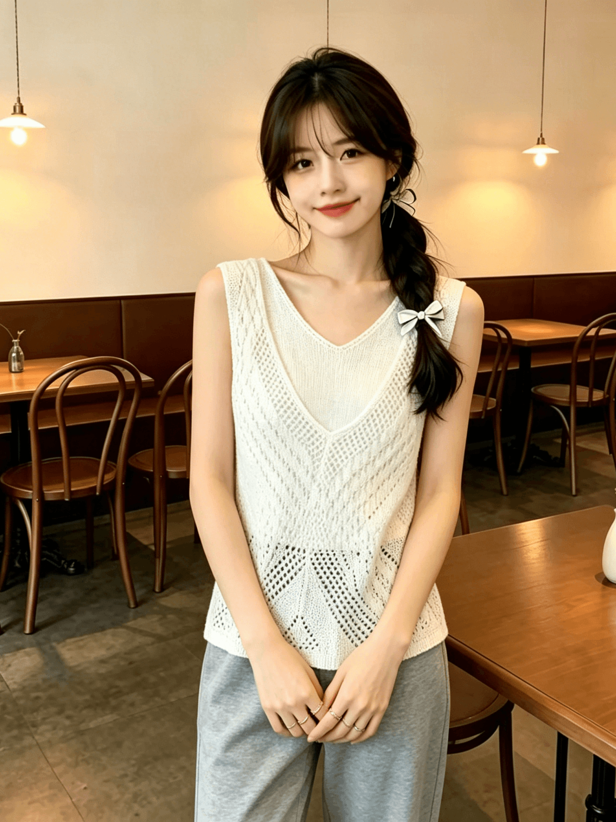 프랑스식 캐주얼 V넥 홀로우 아웃 니트 민소매 티셔츠 여성 셔츠 2026 여름 새로운 작은 청신 몸매 가꾸기 조끼 여성 상세 이미지 4