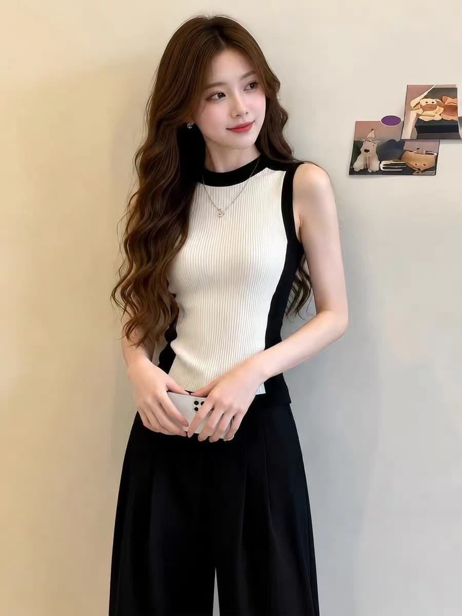 패치워크 색상 몸매 가꾸기 패치워크 라운드 넥 태국 아름다운 민소매 캐미솔 여성 의류 2026 여름 여름 착용 잡아라. 의류 이미지 4