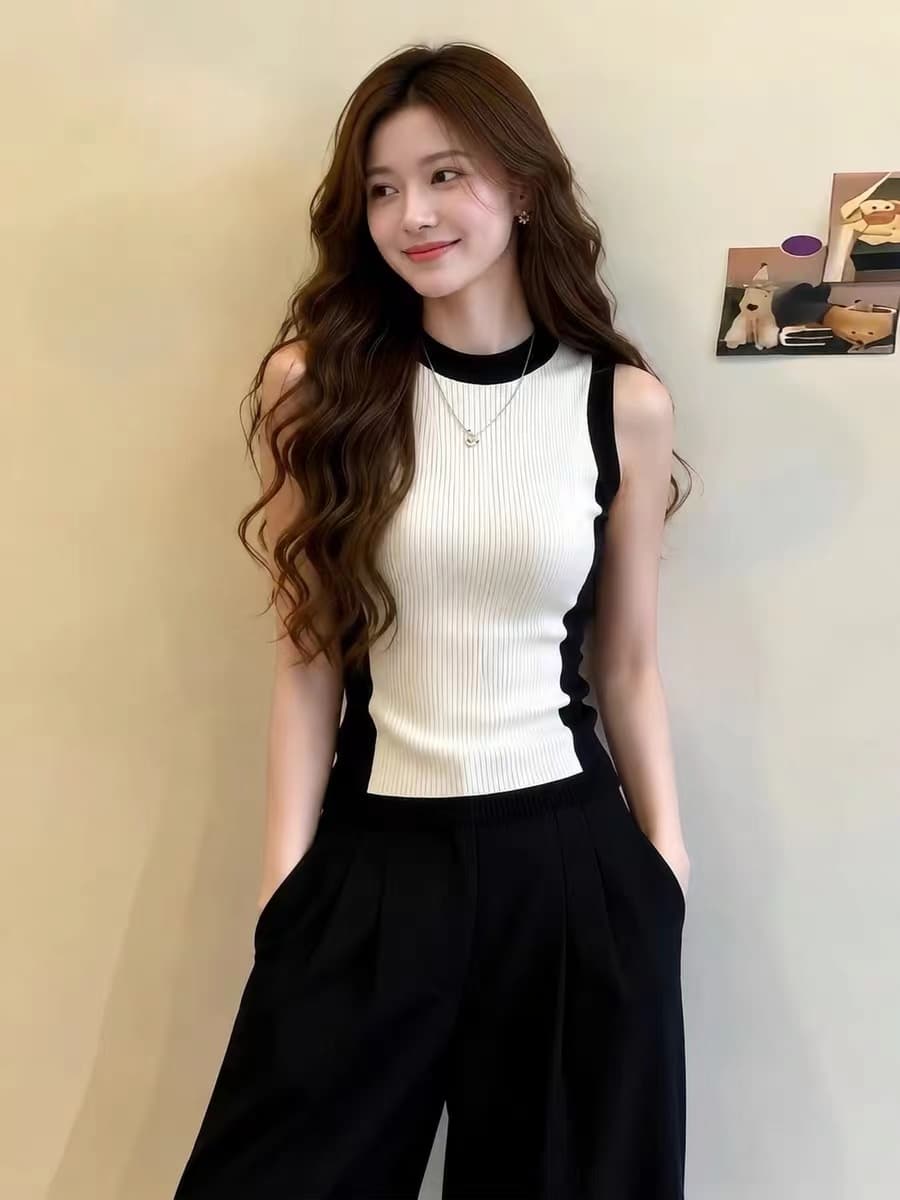 패치워크 색상 몸매 가꾸기 패치워크 라운드 넥 태국 아름다운 민소매 캐미솔 여성 의류 2026 여름 여름 착용 잡아라. 의류 상세 이미지 2