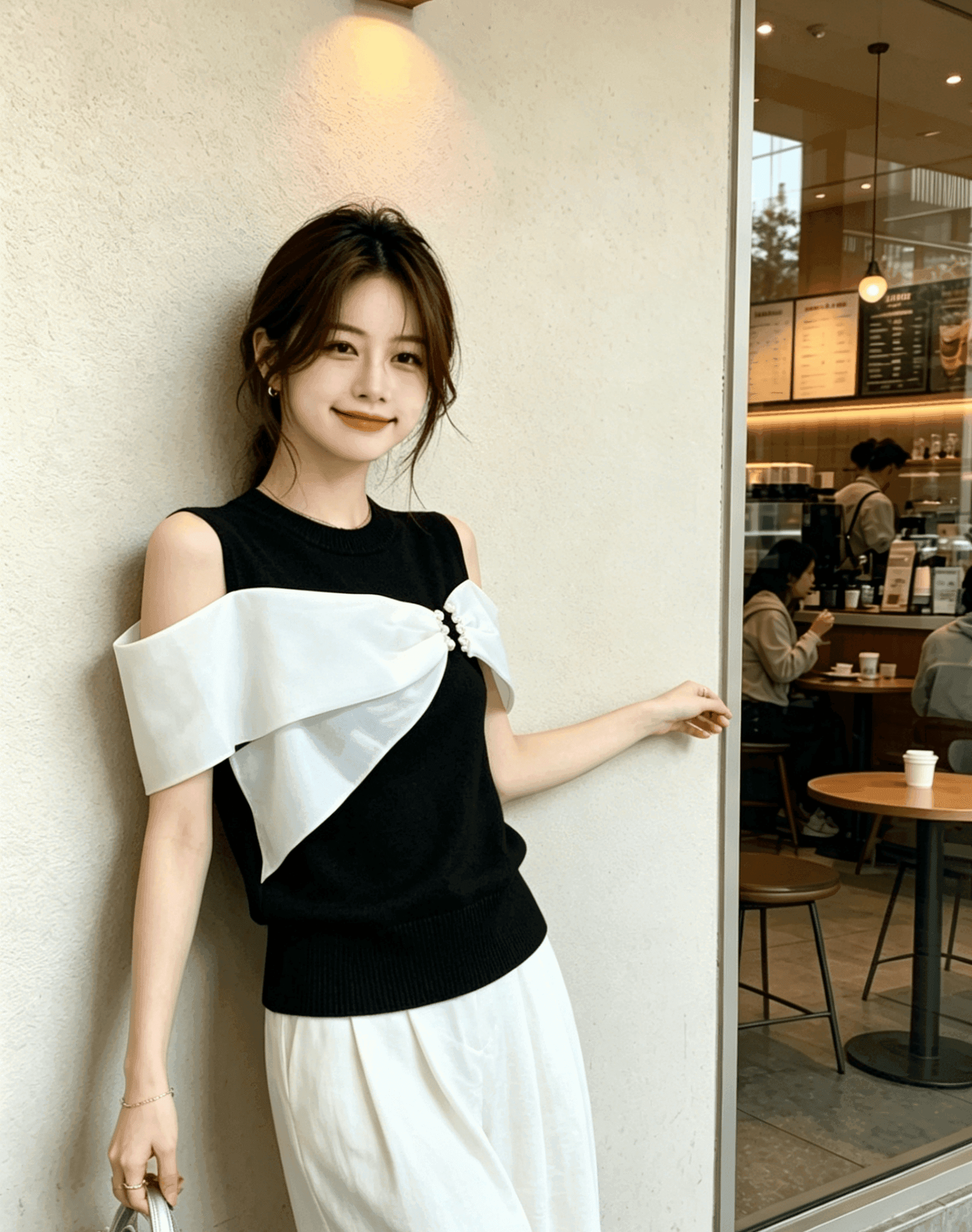 2026 년 여름 새로운 패션 배색 프릴 디자인 센스 연령 감소 나비 매듭 티셔츠 맨위 여성 이미지 4