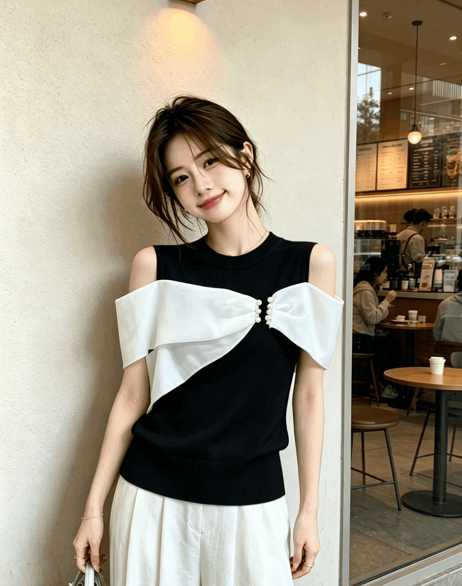 2026 년 여름 새로운 패션 배색 프릴 디자인 센스 연령 감소 나비 매듭 티셔츠 맨위 여성 상세 이미지 1