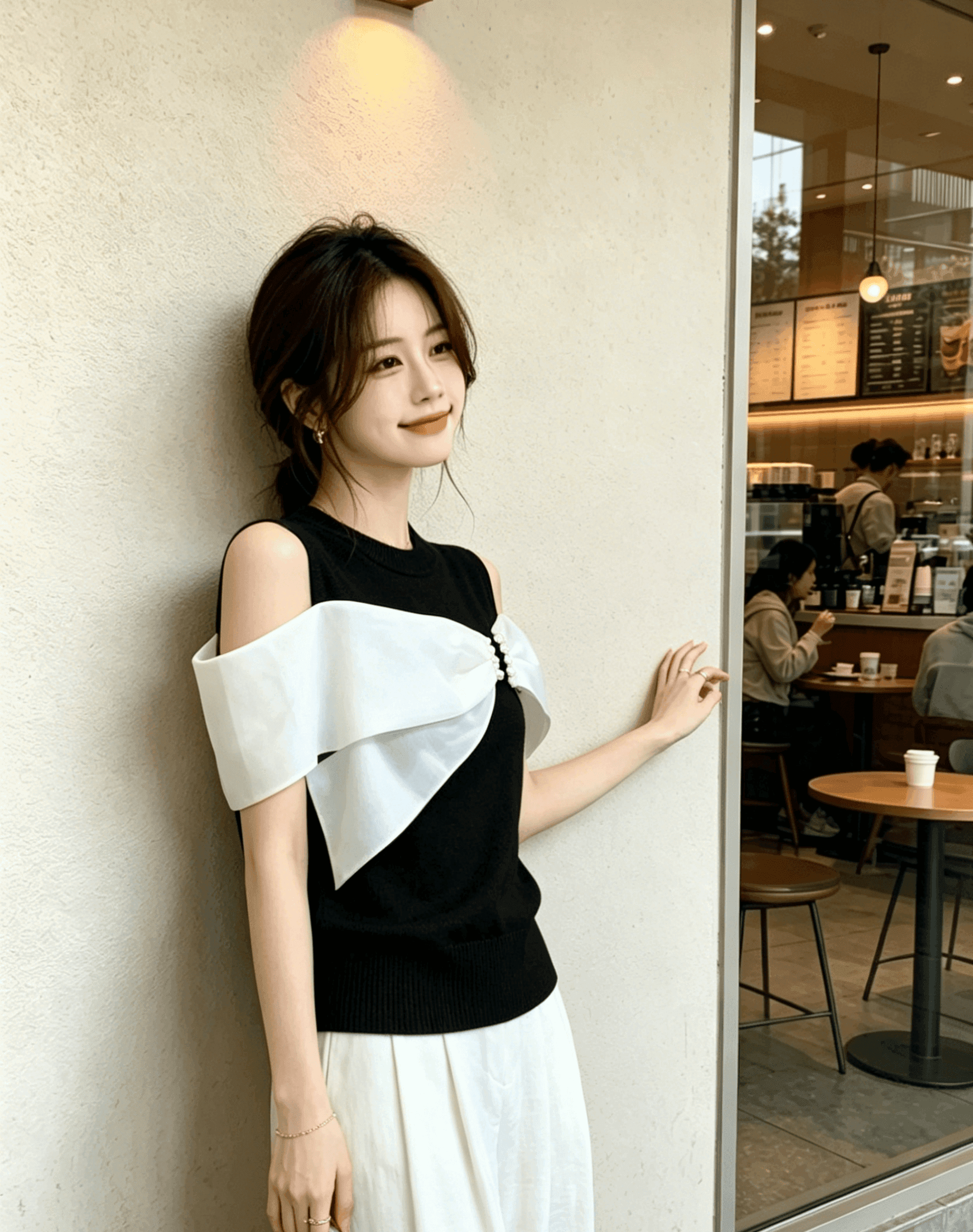 2026 년 여름 새로운 패션 배색 프릴 디자인 센스 연령 감소 나비 매듭 티셔츠 맨위 여성 상세 이미지 4