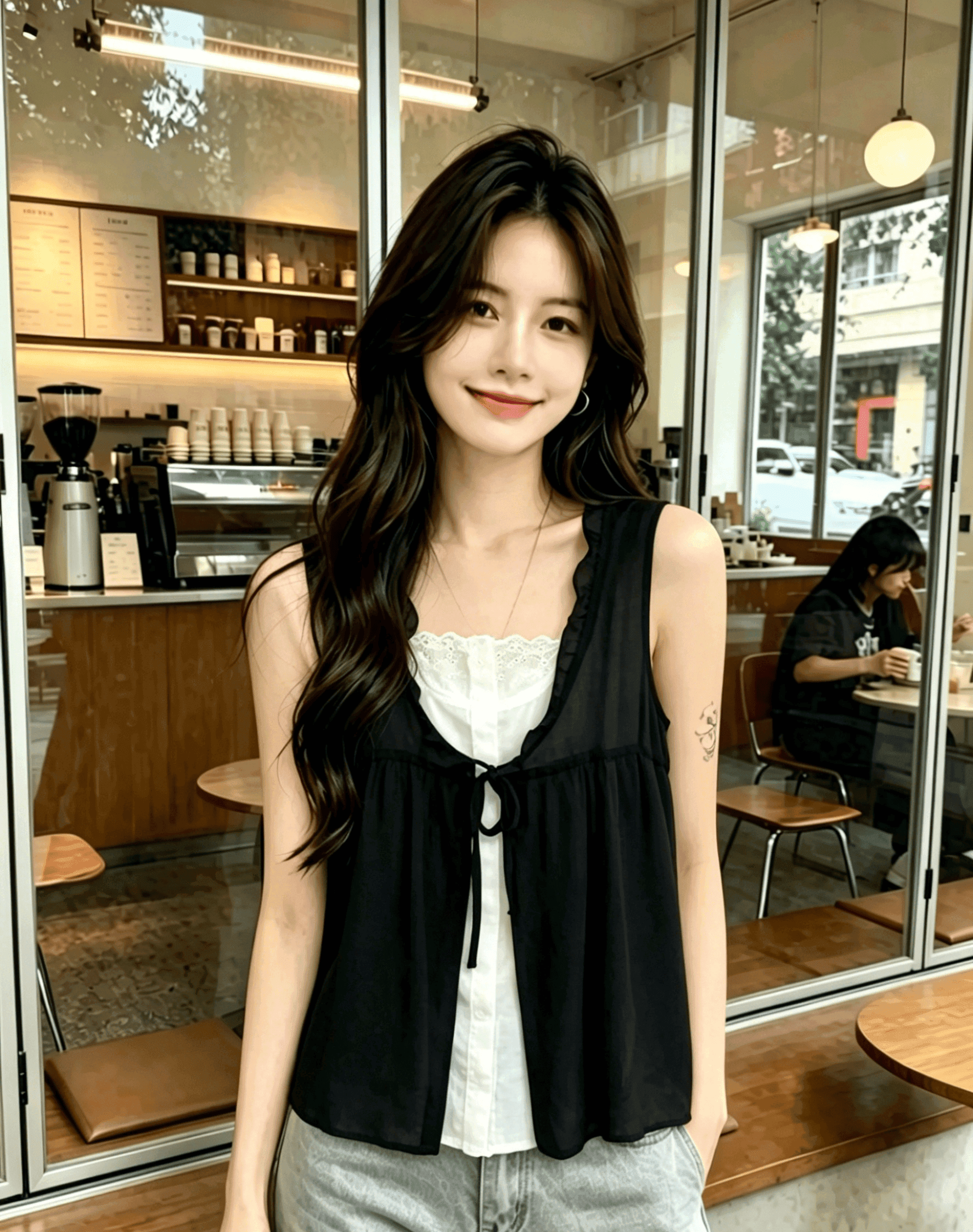 한 부서 레이스 측면 검정색 캐미솔 외출용 여성 여름 2025 새로운 디자인 센스 페이크 레이어드 민소매 맨위 상세 이미지 2