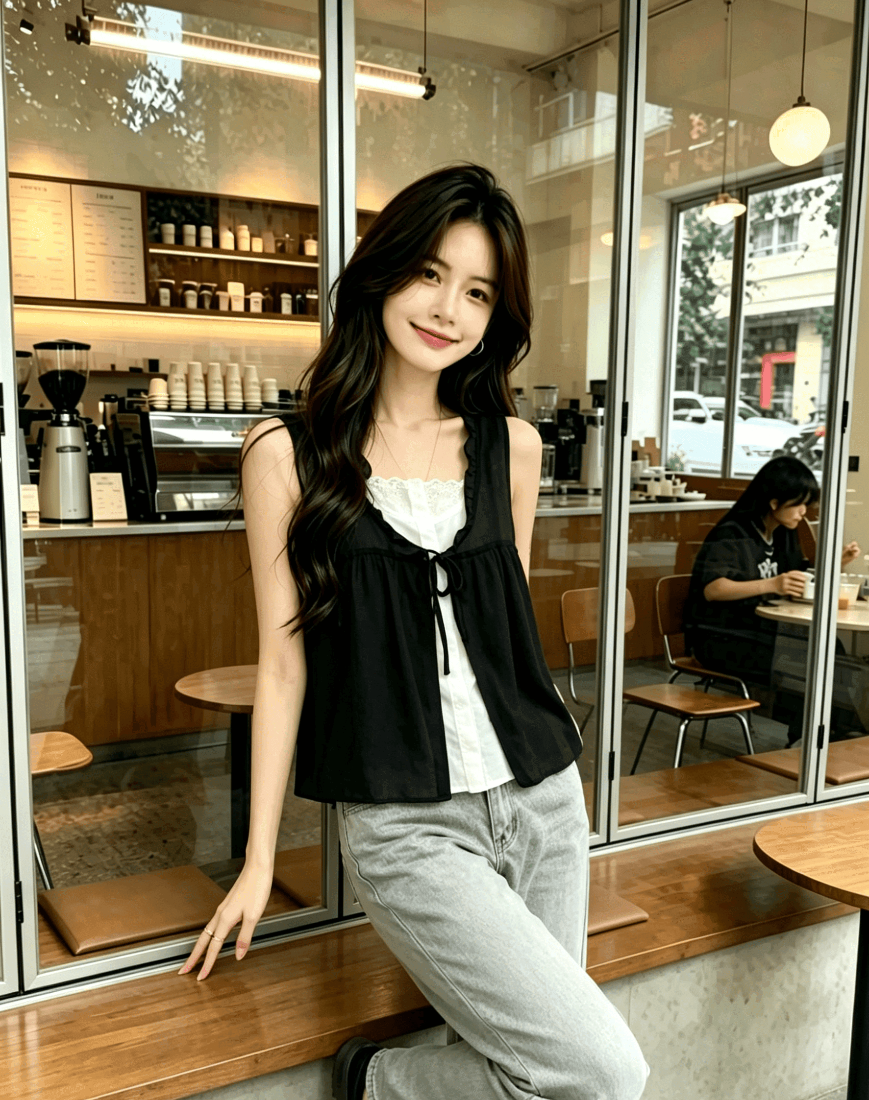 한 부서 레이스 측면 검정색 캐미솔 외출용 여성 여름 2025 새로운 디자인 센스 페이크 레이어드 민소매 맨위 상세 이미지 5