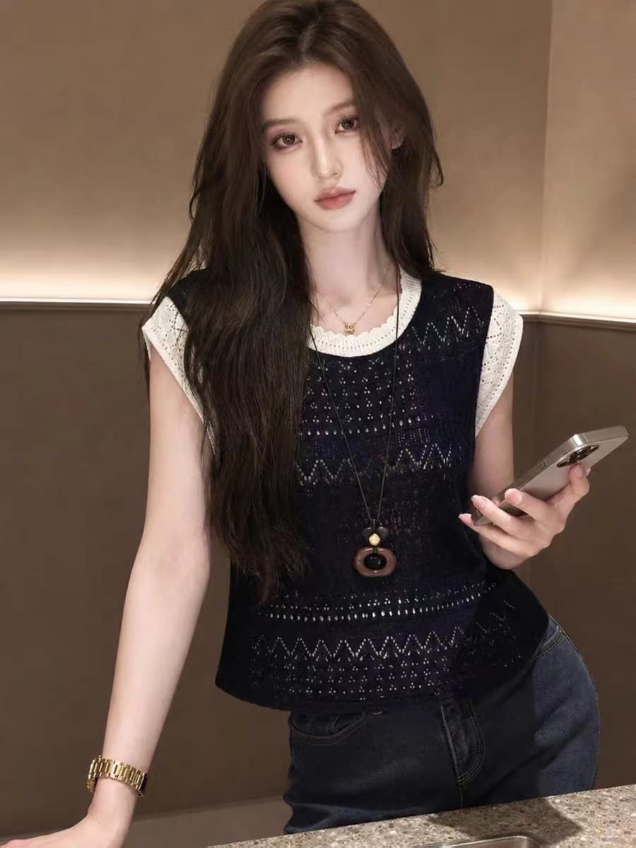 배색 디자인 센스 홀로우 아웃 얼음 실크 니트 스웨터 2026 여름 새로운 느긋한 바람 출퇴근 패션 외국 가스 맨위 여성 상세 이미지 3