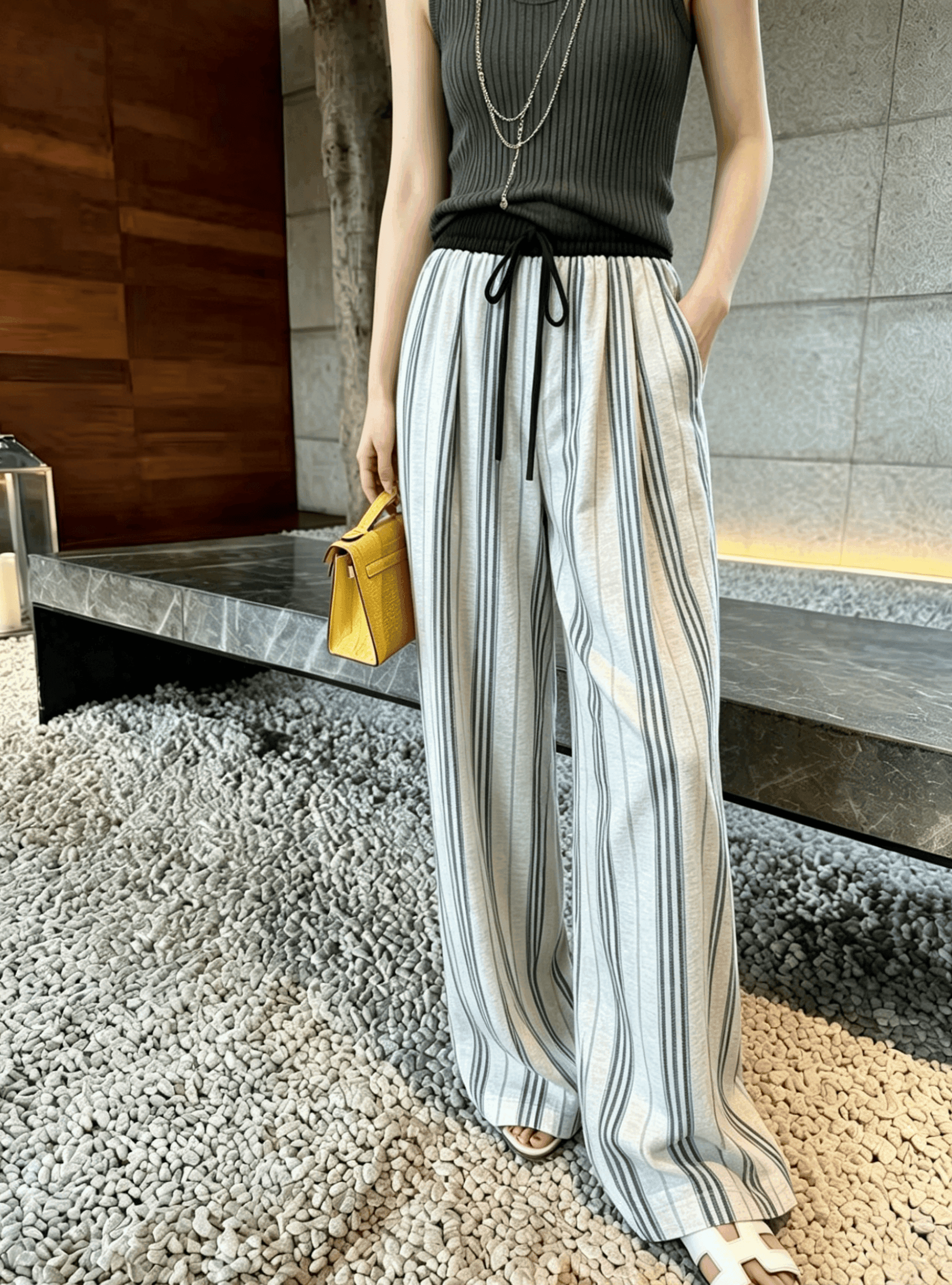 실사 느긋한 바람 레트로 스트라이프 펌프 로프 허리밴드 와이드 레그 팬츠 어린이 2026 여성 여름 루즈핏 스트레이트 아마